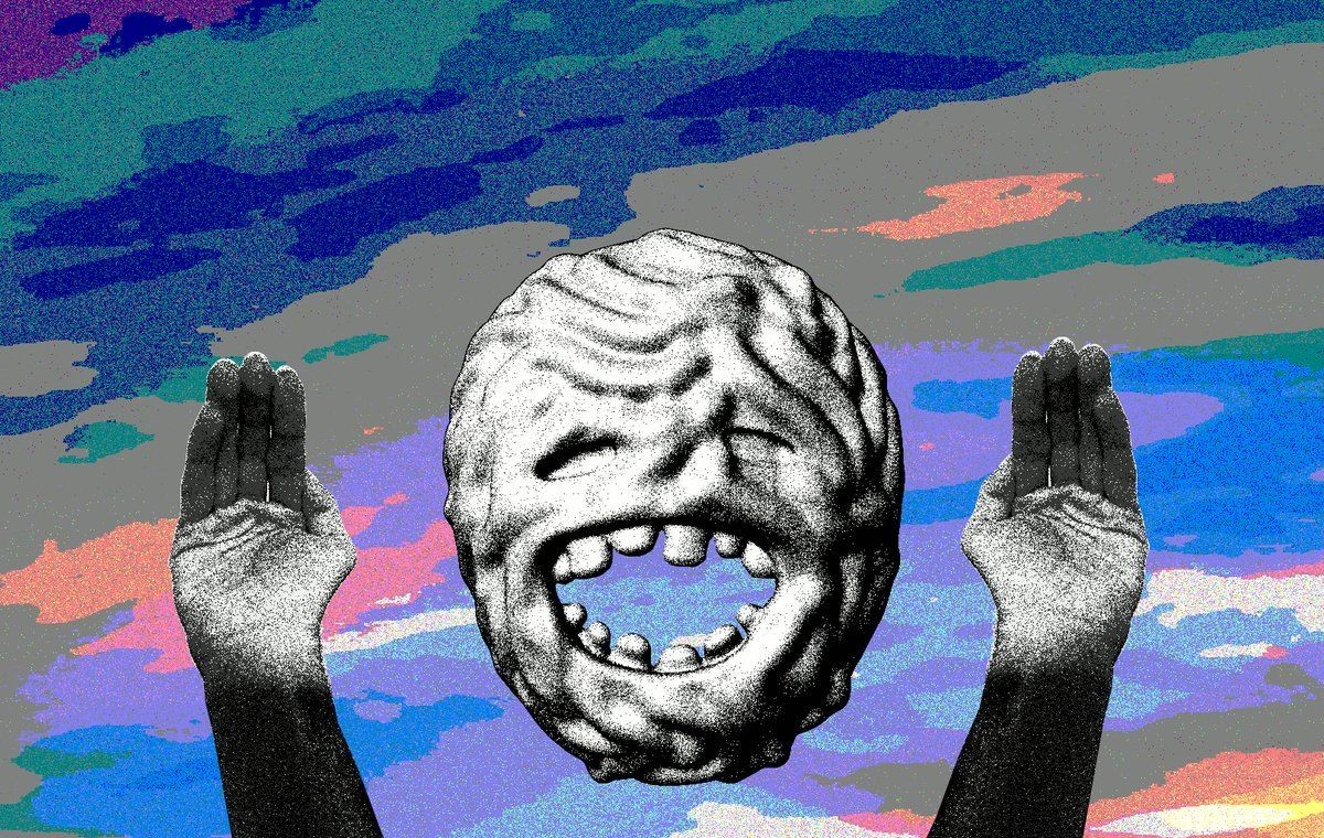 Weird toothy head floating in the sky with floating hands up